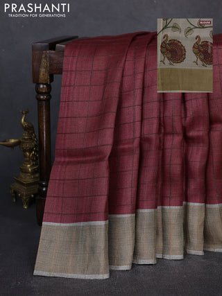 Pure Tussar silk saree maroon with allover zari checked pattern and zari woven border