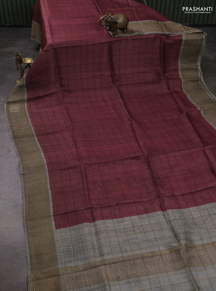 Pure Tussar silk saree maroon with allover zari checked pattern and zari woven border