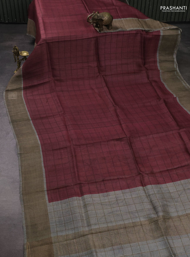 Pure Tussar silk saree maroon with allover zari checked pattern and zari woven border