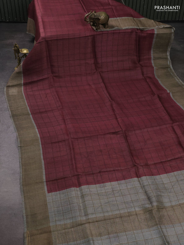 Pure Tussar silk saree maroon with allover zari checked pattern and zari woven border