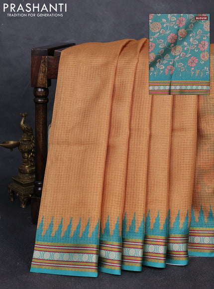 Art kota saree mustard yellow and teal green with plain body and temple design rudhrasha zari woven border