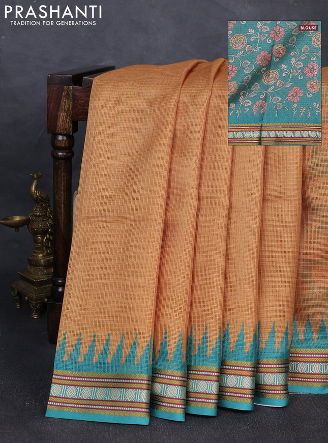 Art kota saree mustard yellow and teal green with plain body and temple design rudhrasha zari woven border