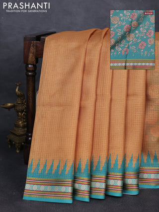 Art kota saree mustard yellow and teal green with plain body and temple design rudhrasha zari woven border