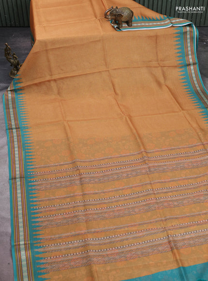 Art kota saree mustard yellow and teal green with plain body and temple design rudhrasha zari woven border