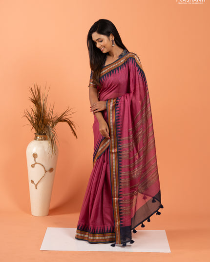 Art kota saree mauve pink and navy blue with plain body and temple design rudhrasha zari woven border