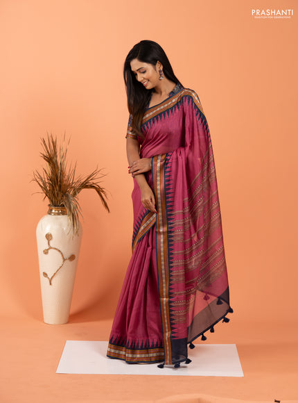 Art kota saree mauve pink and navy blue with plain body and temple design rudhrasha zari woven border