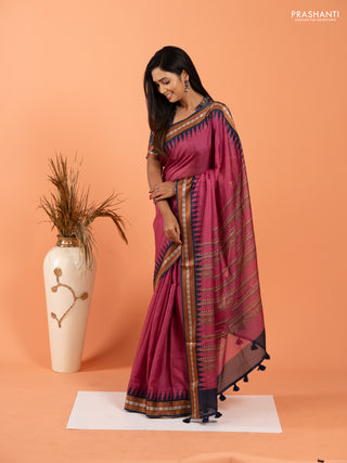Art kota saree mauve pink and navy blue with plain body and temple design rudhrasha zari woven border