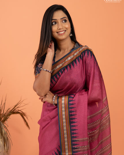 Art kota saree mauve pink and navy blue with plain body and temple design rudhrasha zari woven border