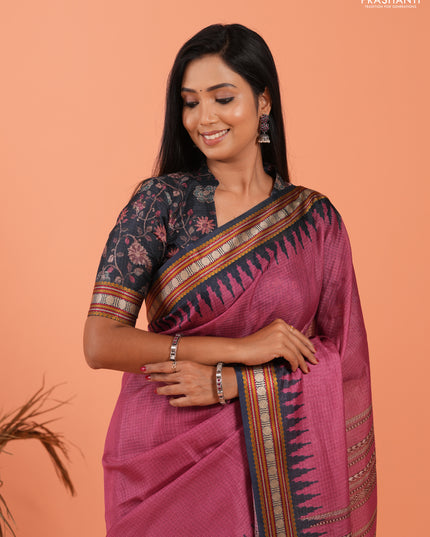 Art kota saree mauve pink and navy blue with plain body and temple design rudhrasha zari woven border