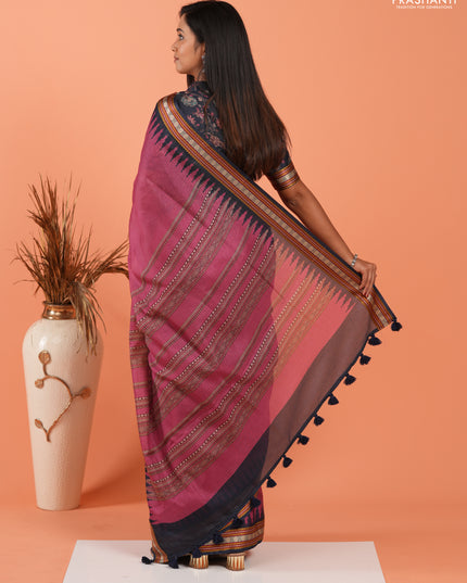 Art kota saree mauve pink and navy blue with plain body and temple design rudhrasha zari woven border