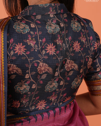 Art kota saree mauve pink and navy blue with plain body and temple design rudhrasha zari woven border