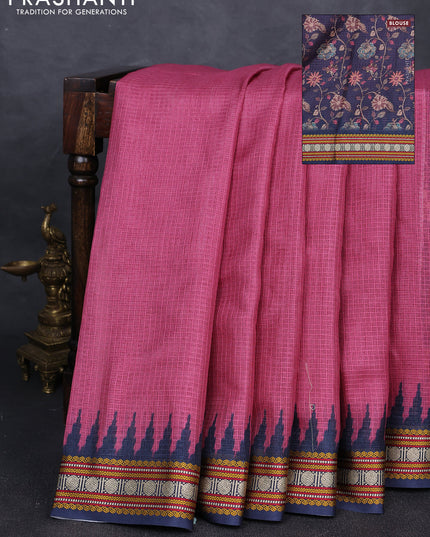 Art kota saree mauve pink and navy blue with plain body and temple design rudhrasha zari woven border