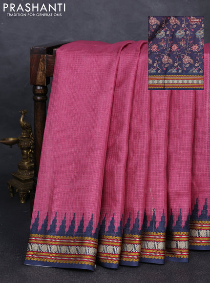 Art kota saree mauve pink and navy blue with plain body and temple design rudhrasha zari woven border
