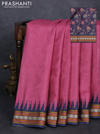 Art kota saree mauve pink and navy blue with plain body and temple design rudhrasha zari woven border
