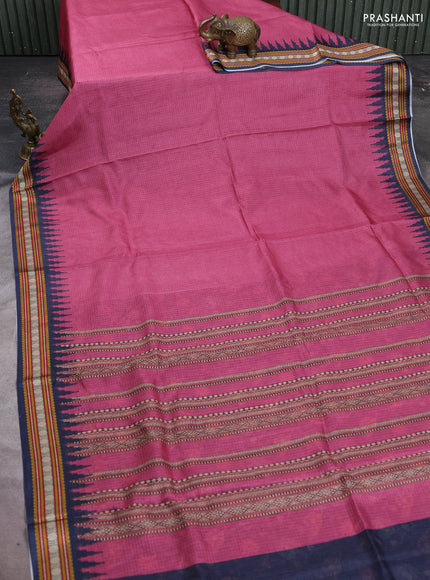 Art kota saree mauve pink and navy blue with plain body and temple design rudhrasha zari woven border