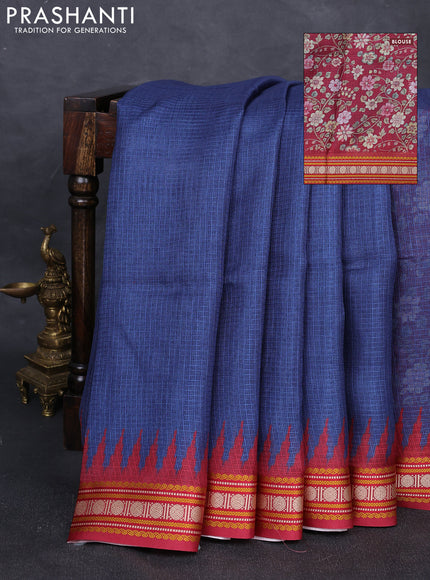 Art kota saree blue and maroon with plain body and temple design rudhrasha zari woven border
