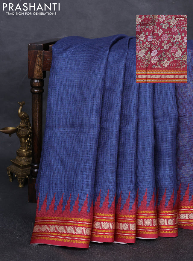 Art kota saree blue and maroon with plain body and temple design rudhrasha zari woven border