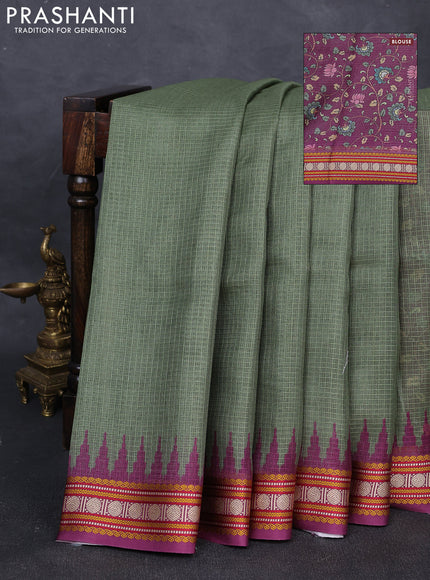 Art kota saree sap green and purple with plain body and temple design rudhrasha zari woven border