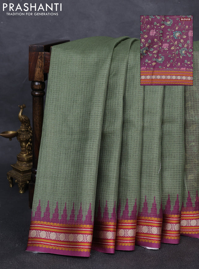 Art kota saree sap green and purple with plain body and temple design rudhrasha zari woven border
