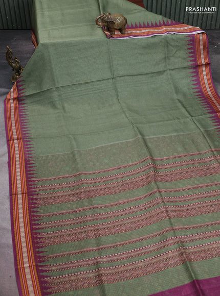 Art kota saree sap green and purple with plain body and temple design rudhrasha zari woven border