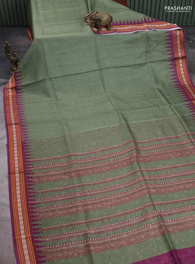 Art kota saree sap green and purple with plain body and temple design rudhrasha zari woven border
