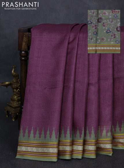 Art kota saree wine shade and sap green with plain body and temple design rudhrasha zari woven border