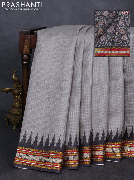 Art kota saree grey and black with plain body and temple design rudhrasha zari woven border