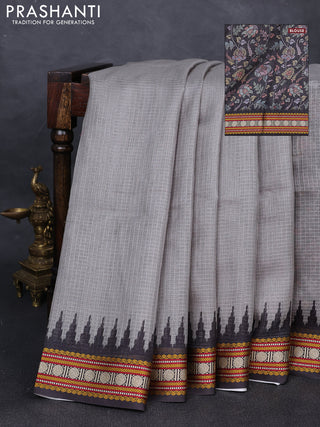 Art kota saree grey and black with plain body and temple design rudhrasha zari woven border