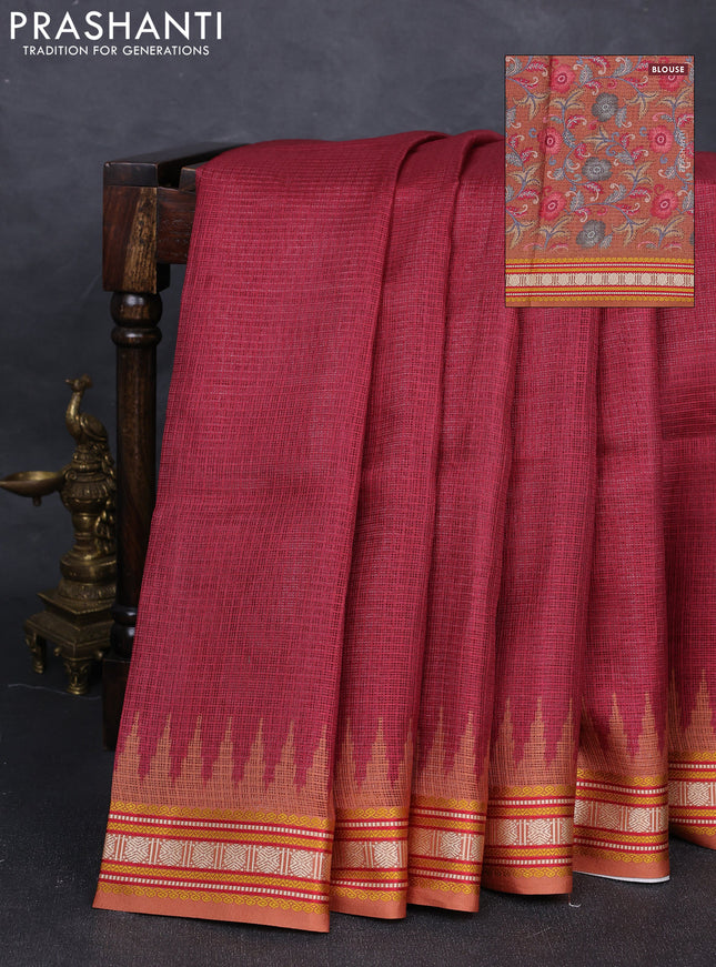 Art kota saree maroon and rustic orange with plain body and temple design rudhrasha zari woven border