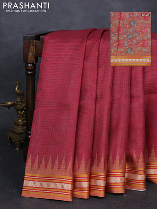 Art kota saree maroon and rustic orange with plain body and temple design rudhrasha zari woven border