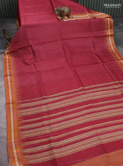 Art kota saree maroon and rustic orange with plain body and temple design rudhrasha zari woven border