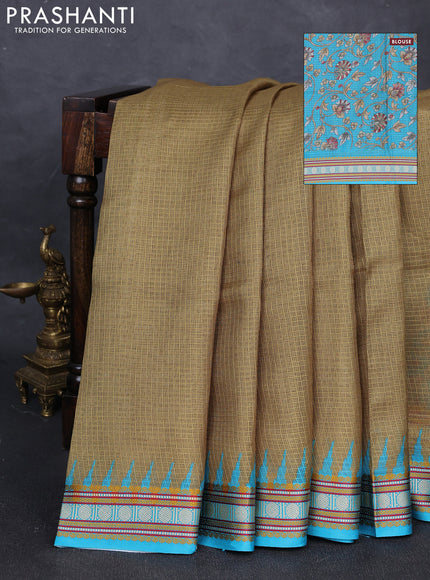 Art kota saree mehendi green and teal blue with plain body and temple design rudhrasha zari woven border