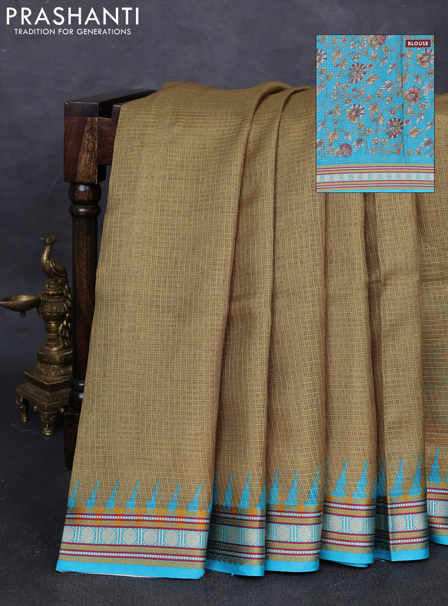 Art kota saree mehendi green and teal blue with plain body and temple design rudhrasha zari woven border