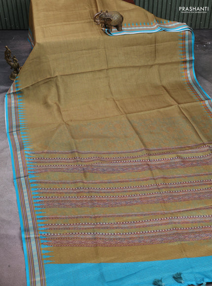 Art kota saree mehendi green and teal blue with plain body and temple design rudhrasha zari woven border