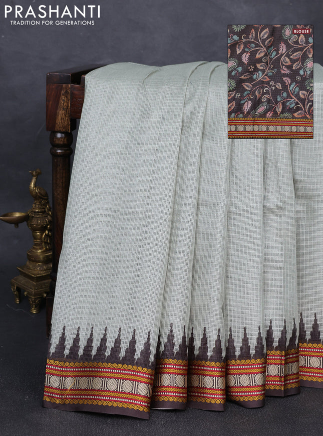 Art kota saree mild pista green and black with plain body and temple design rudhrasha zari woven border