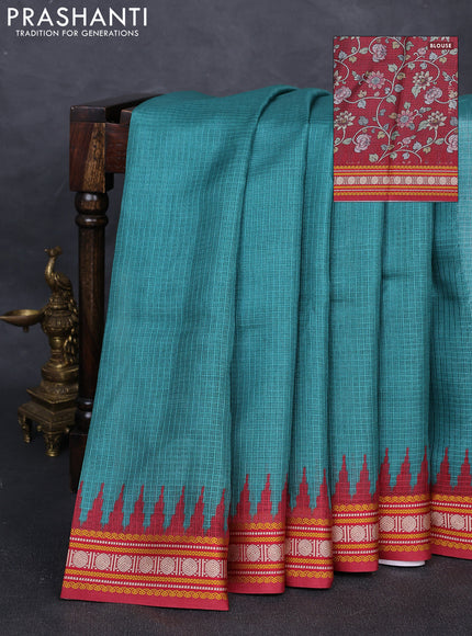 Art kota saree teal green and maroon with plain body and temple design rudhrasha zari woven border