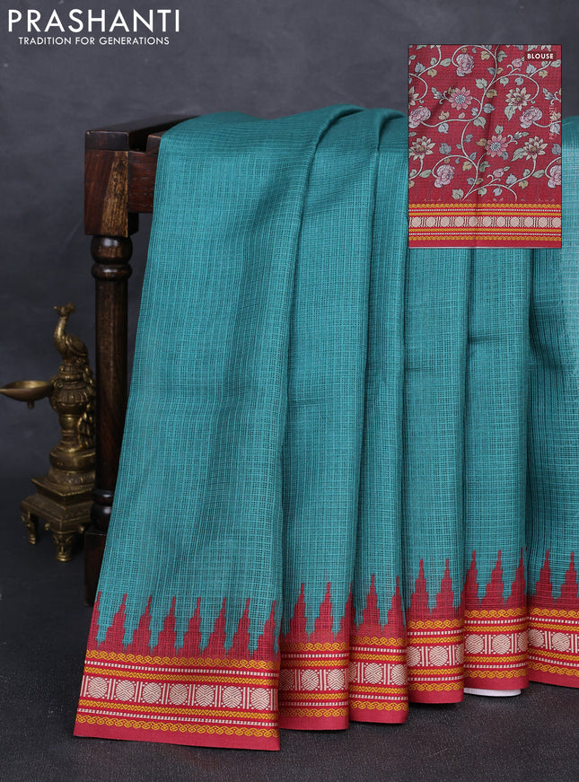 Art kota saree teal green and maroon with plain body and temple design rudhrasha zari woven border