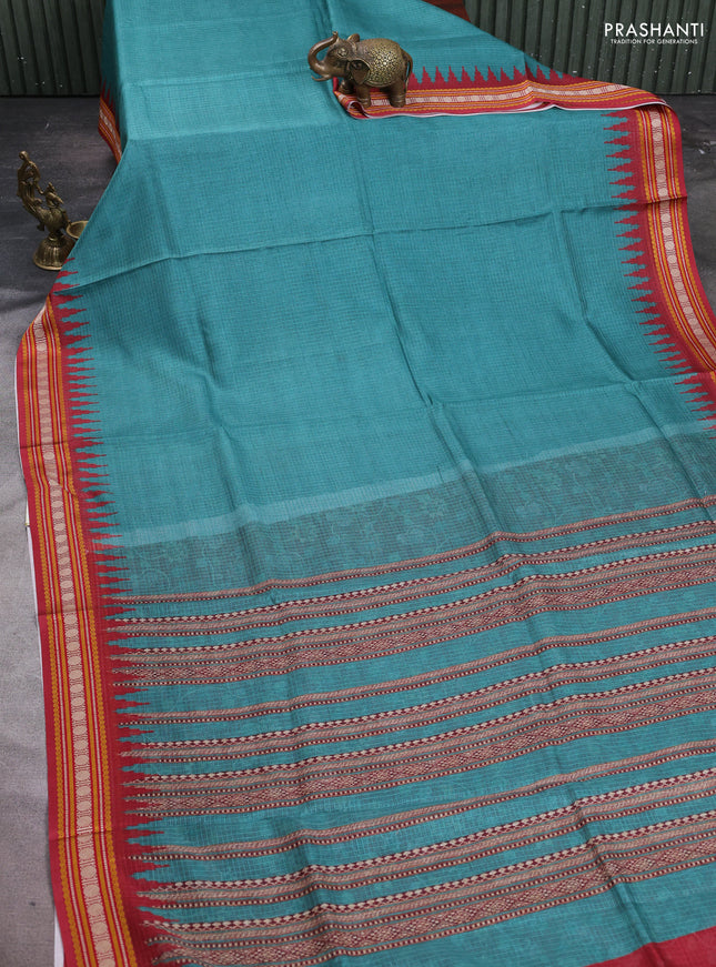 Art kota saree teal green and maroon with plain body and temple design rudhrasha zari woven border