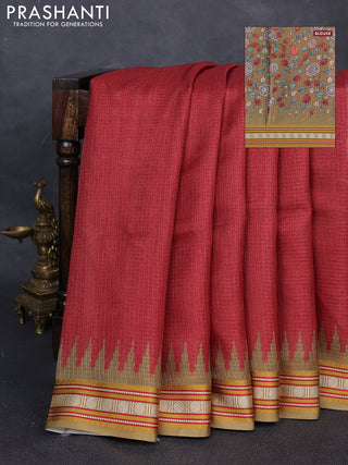 Art kota saree maroon and elaichi green with plain body and temple design rudhrasha zari woven border