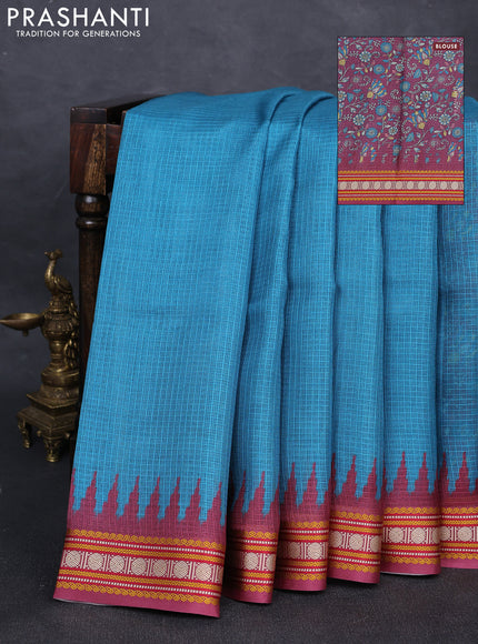 Art kota saree cs blue and pastel maroon with plain body and temple design rudhrasha zari woven border