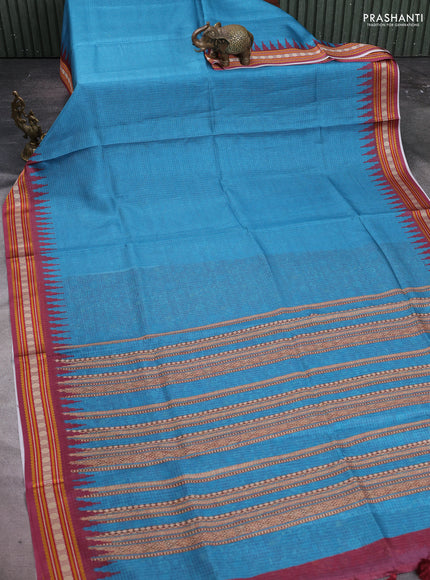 Art kota saree cs blue and pastel maroon with plain body and temple design rudhrasha zari woven border