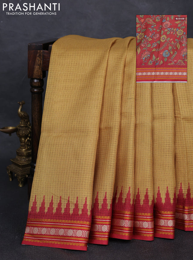 Art kota saree mustard yellow and maroon with plain body and temple design rudhrasha zari woven border