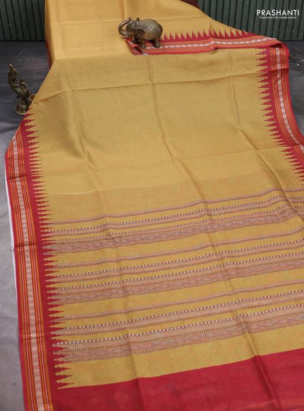Art kota saree mustard yellow and maroon with plain body and temple design rudhrasha zari woven border