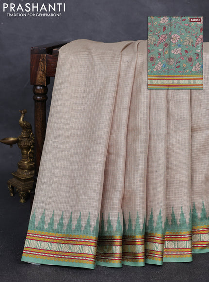 Art kota saree beige and green with plain body and temple design rudhrasha zari woven border