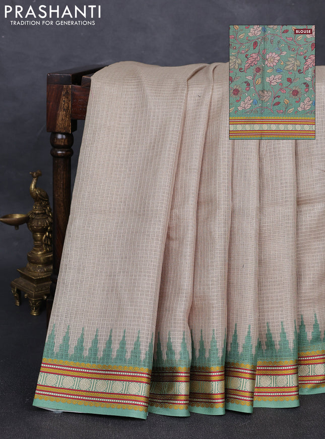 Art kota saree beige and green with plain body and temple design rudhrasha zari woven border