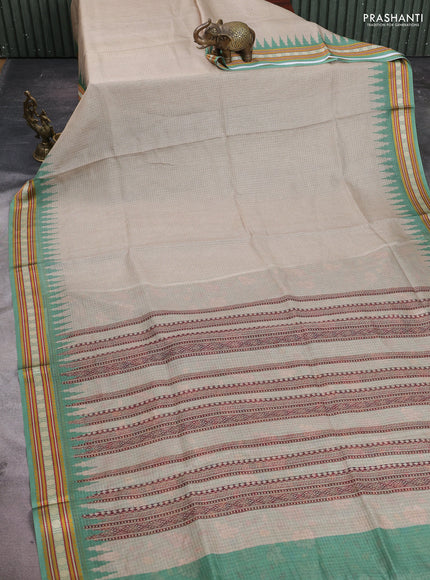 Art kota saree beige and green with plain body and temple design rudhrasha zari woven border