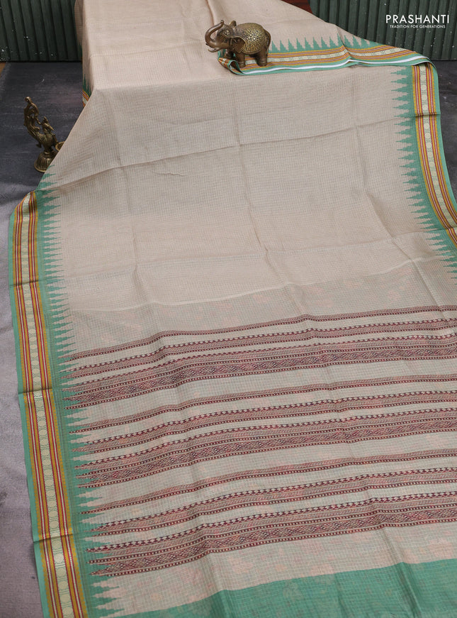 Art kota saree beige and green with plain body and temple design rudhrasha zari woven border