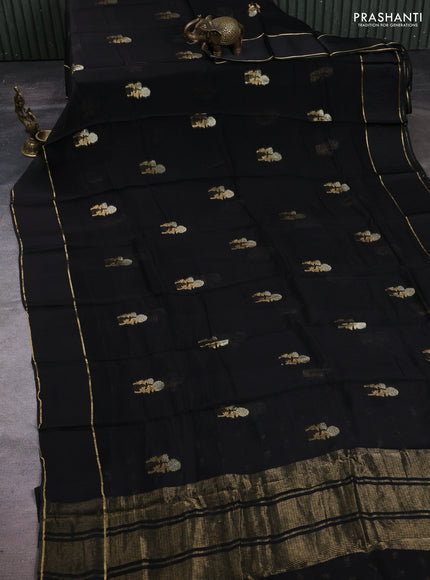 Art kota silk saree black with silver & zari woven floral buttas and rettapet zari woven border