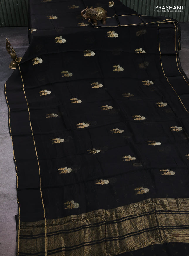 Art kota silk saree black with silver & zari woven floral buttas and rettapet zari woven border