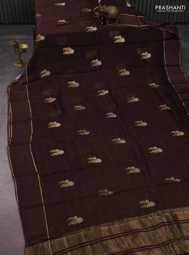 Art kota silk saree coffee brown with silver & zari woven floral buttas and rettapet zari woven border